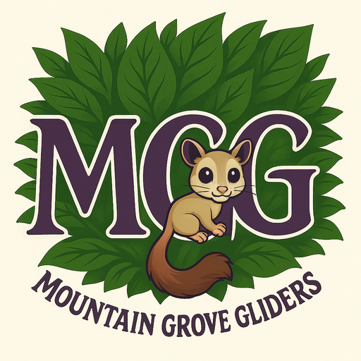 Mountain Grove Gliders logo featuring a stylized sugar glider in front of green leaves with the initials "MGG."
